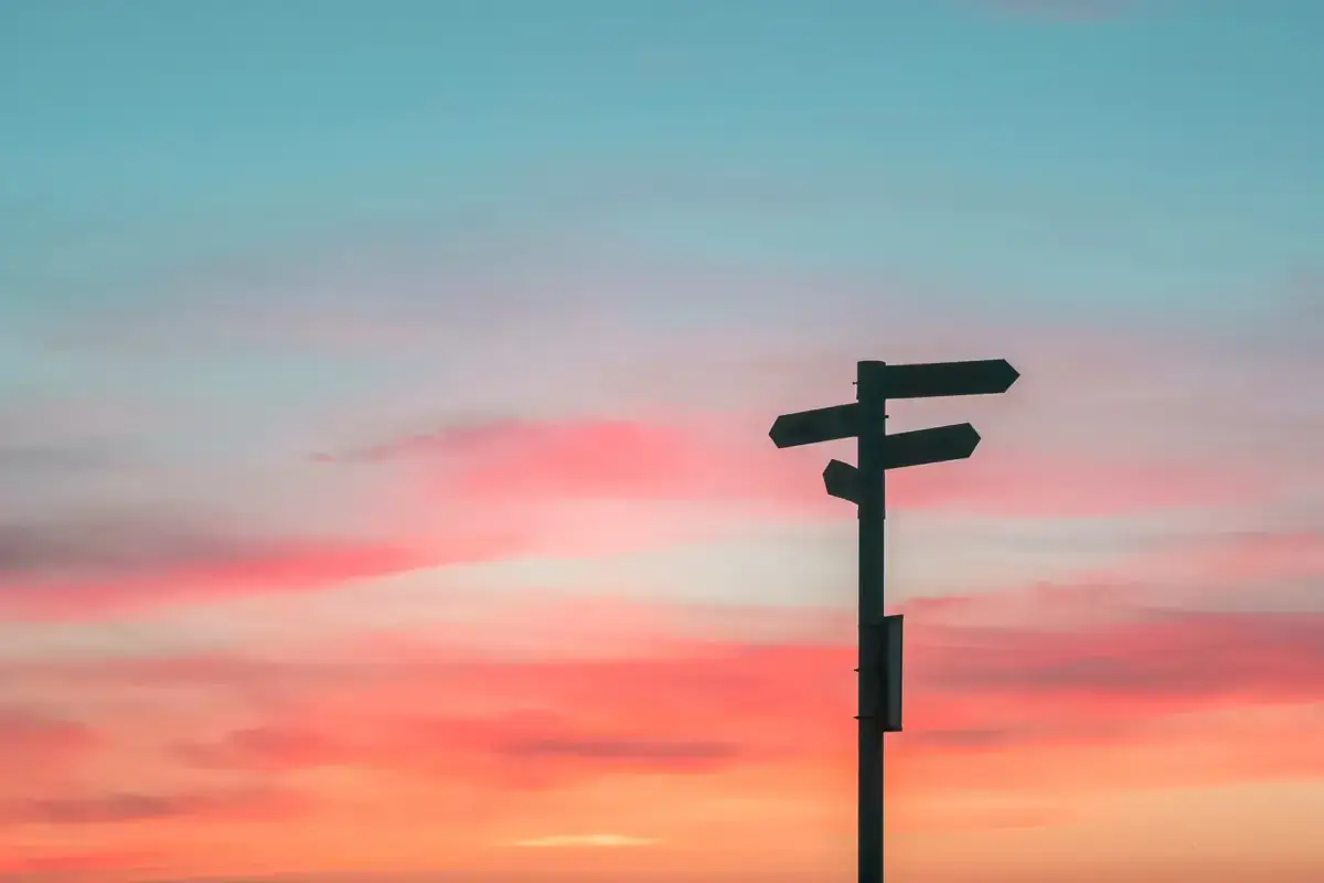 Silhouette of a directional signpost with multiple arrows against a colorful sunset sky with pink, orange, and blue hues, symbolizing travel choices and sustainable journey decisions.