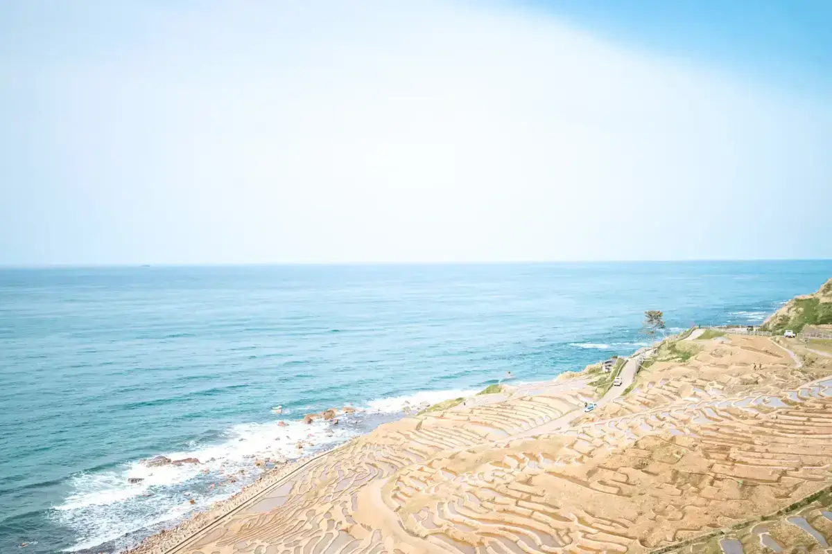 Terraced rice paddies cascading down a coastal hillside in Ishikawa's Satoumi region, with turquoise ocean waters and a winding coastal road visible from a train window perspective.