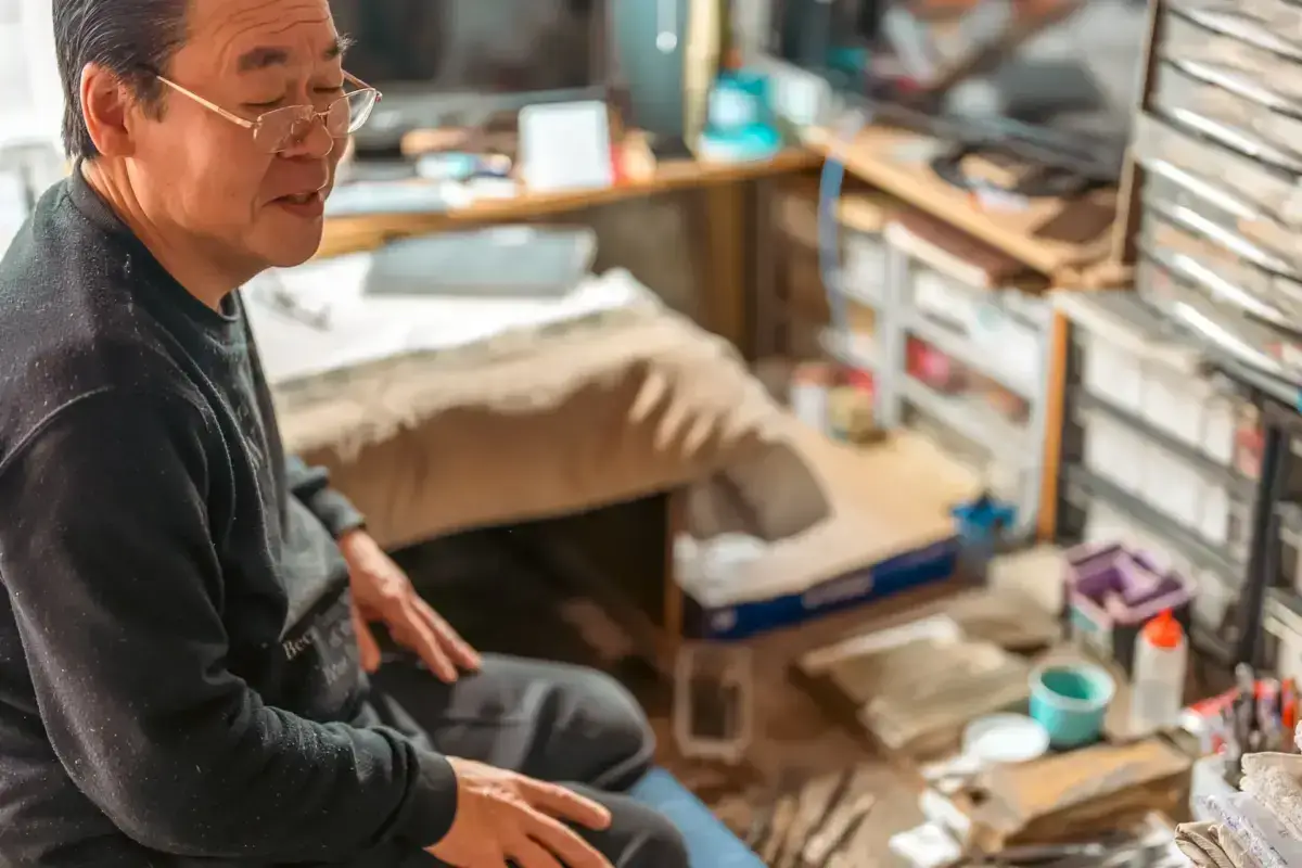 Japanese artisan wearing glasses working at a wooden desk in a traditional craft workshop surrounded by tools and materials