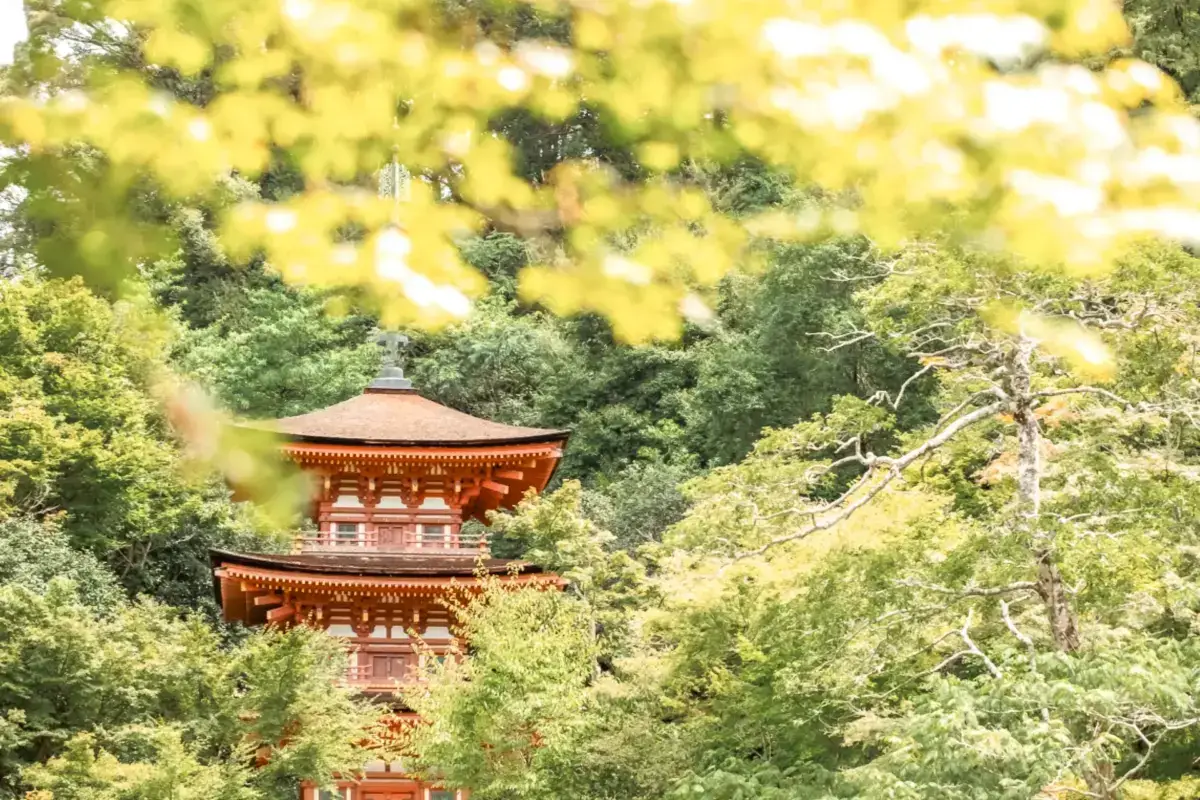 Traditional Japanese multi-tiered pagoda in orange-red color surrounded by lush green foliage with blurred yellow flowers in the foreground.
