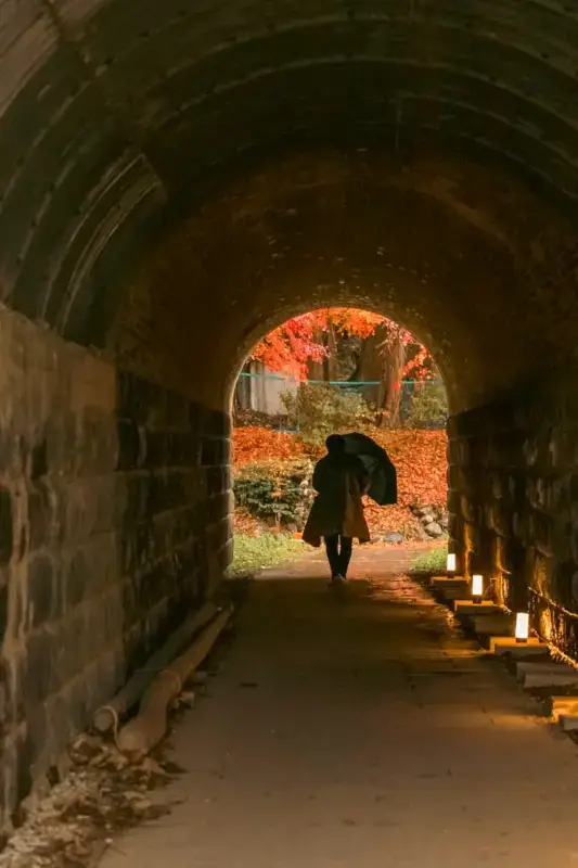 Person walking through illuminated stone tunnel toward vibrant autumn foliage and fallen orange leaves covering the ground outside.