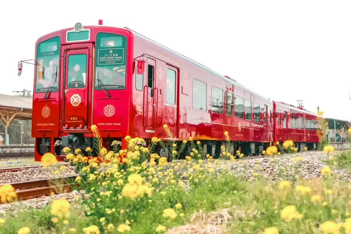 Bright red Koto Koto Train scenic railway with ornate decorative emblems at a rural Japanese station platform surrounded by yellow wildflowers.
