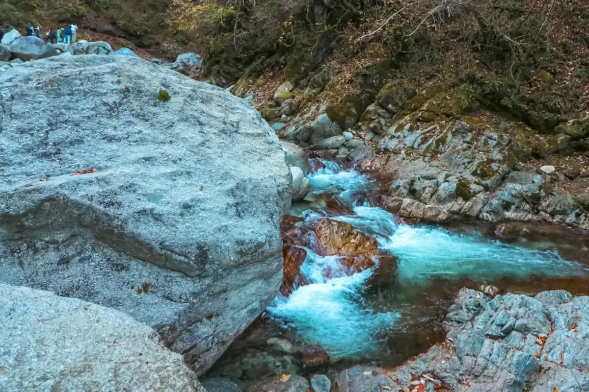 Turquoise mountain stream flowing through rocky gorge with moss-covered boulders and autumn leaves scattered along the banks.
