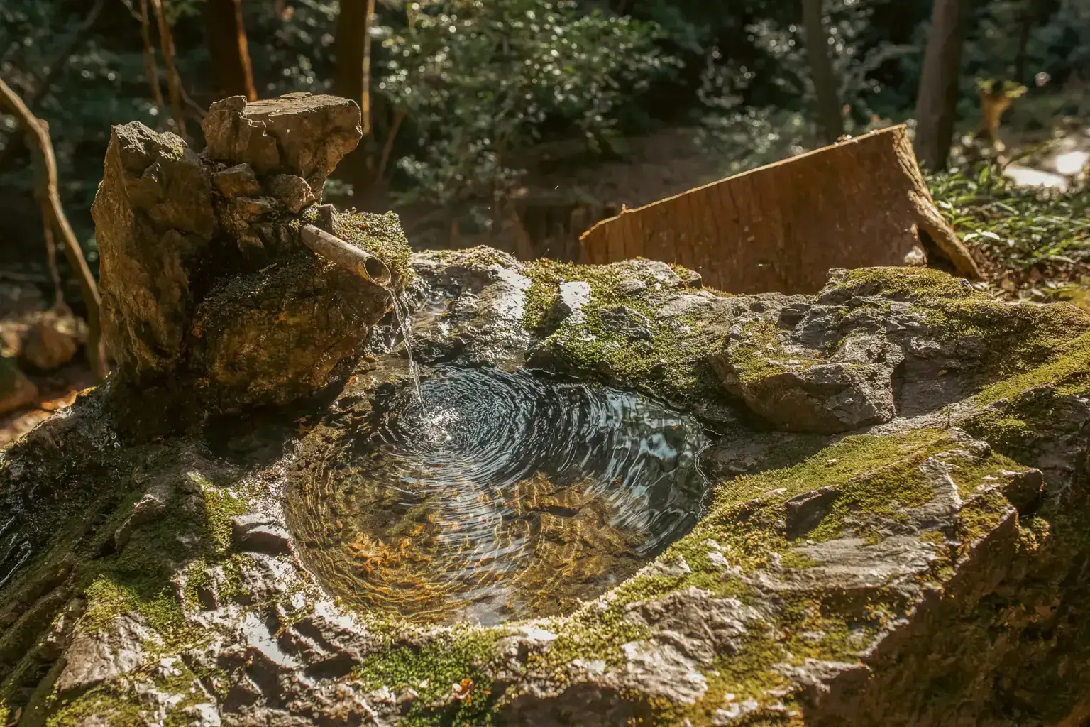 Natural stone water basin with moss-covered surface in a serene forest setting, featuring a carved depression filled with clear water and traditional wooden dipper resting on the edge.