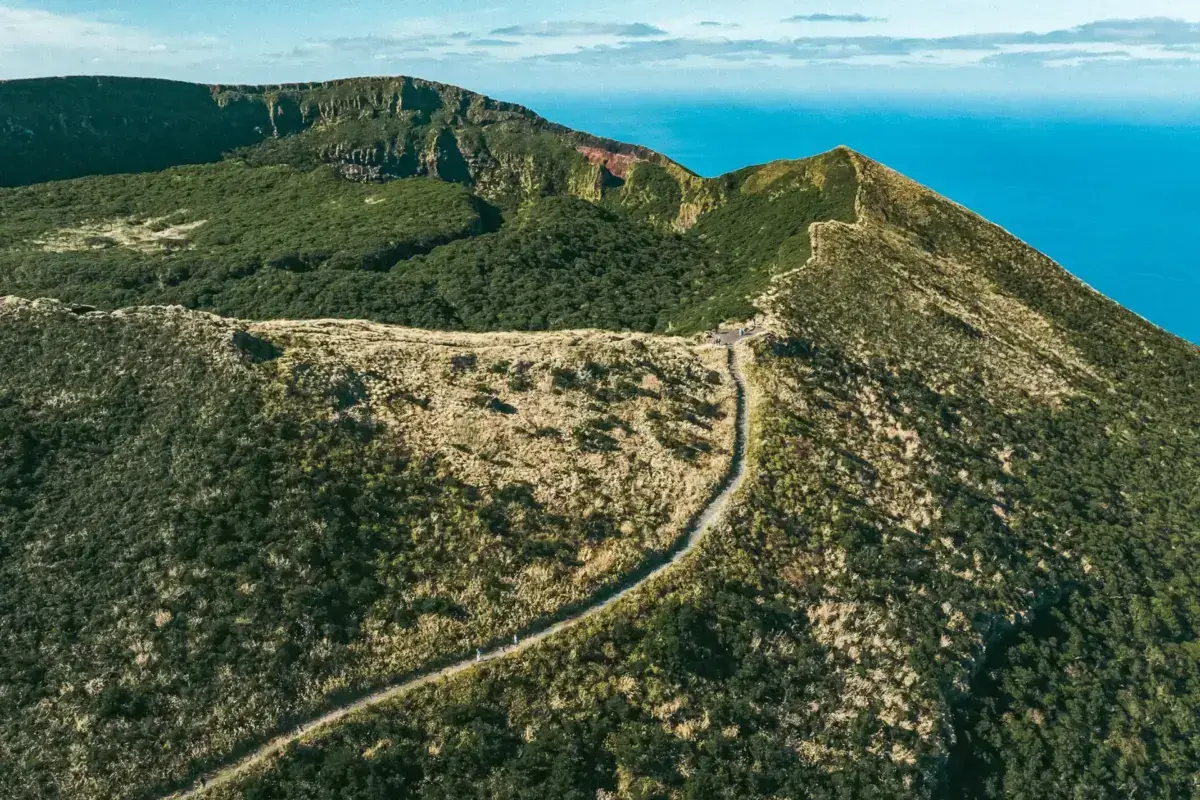 Aerial view of a winding mountain trail cutting through rugged green peaks under a blue sky, showcasing Japan's natural mountainous landscape.