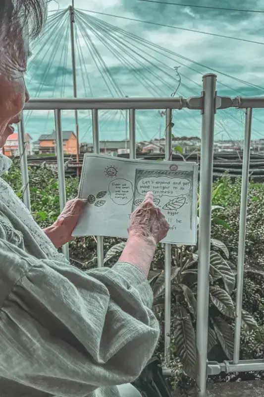 Person reading an illustrated book about photosynthesis on an observation deck overlooking a cable-stayed bridge and residential area in Aichi, Japan.