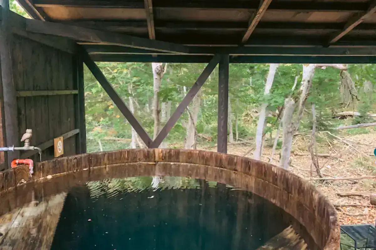 Rustic wooden outdoor hot spring bath with crystal-clear teal water overlooking a serene birch forest in Teshikaga, Hokkaido.
