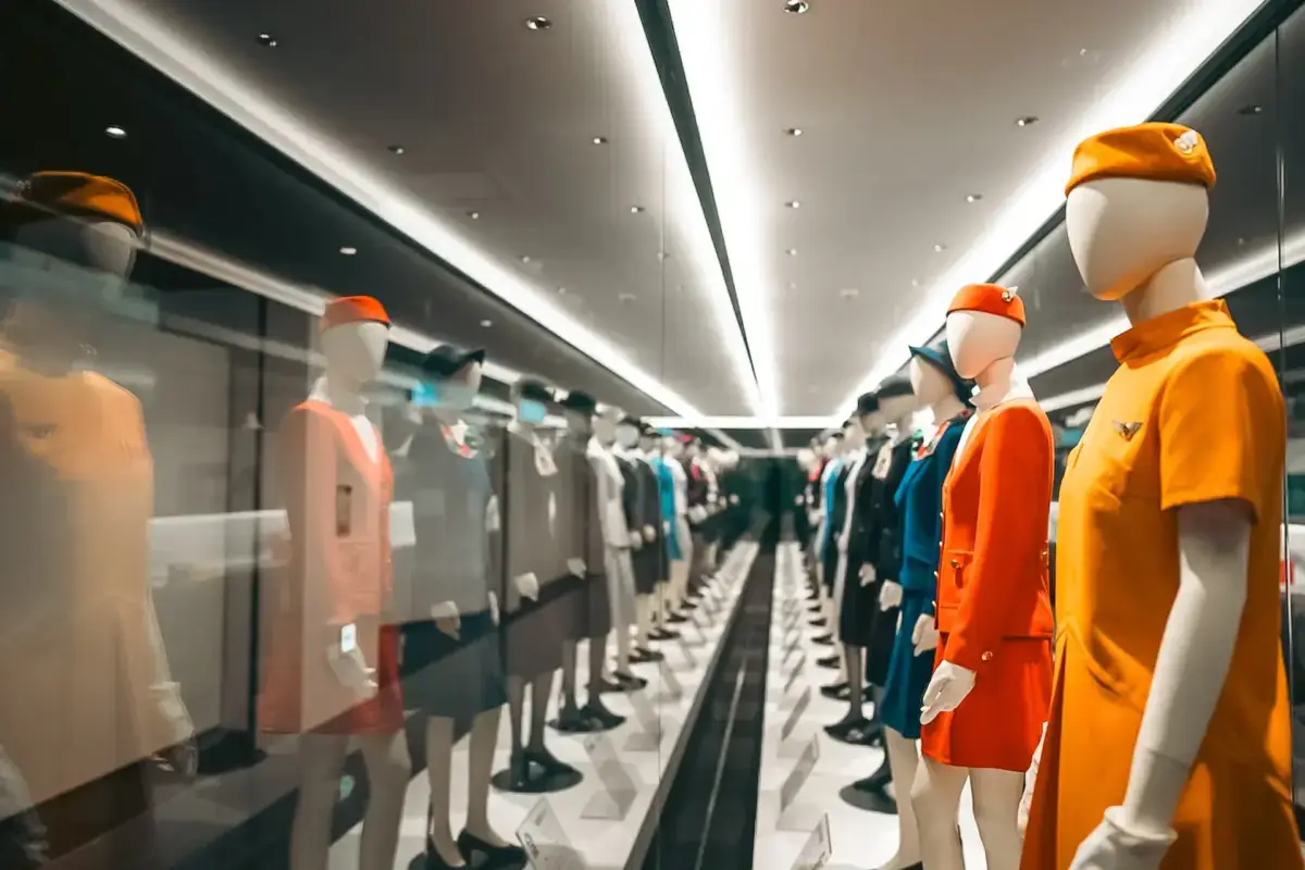 Mannequins displaying vintage airline uniforms in bright orange, yellow, and blue colors arranged in rows along a modern museum corridor with recessed lighting.