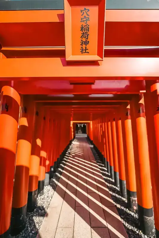 Vibrant vermillion torii gates form a tunnel pathway at Anamori Inari Shrine in Ota, with Japanese calligraphy signage overhead and dramatic light casting striped shadows along the walkway.