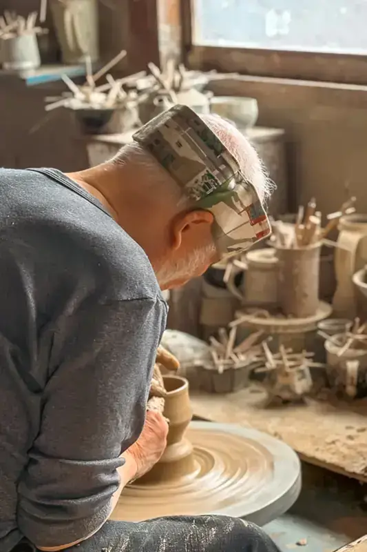Elderly potter wearing a patterned cap carefully shapes clay on a spinning pottery wheel in a workshop surrounded by ceramic tools and unfinished pieces.