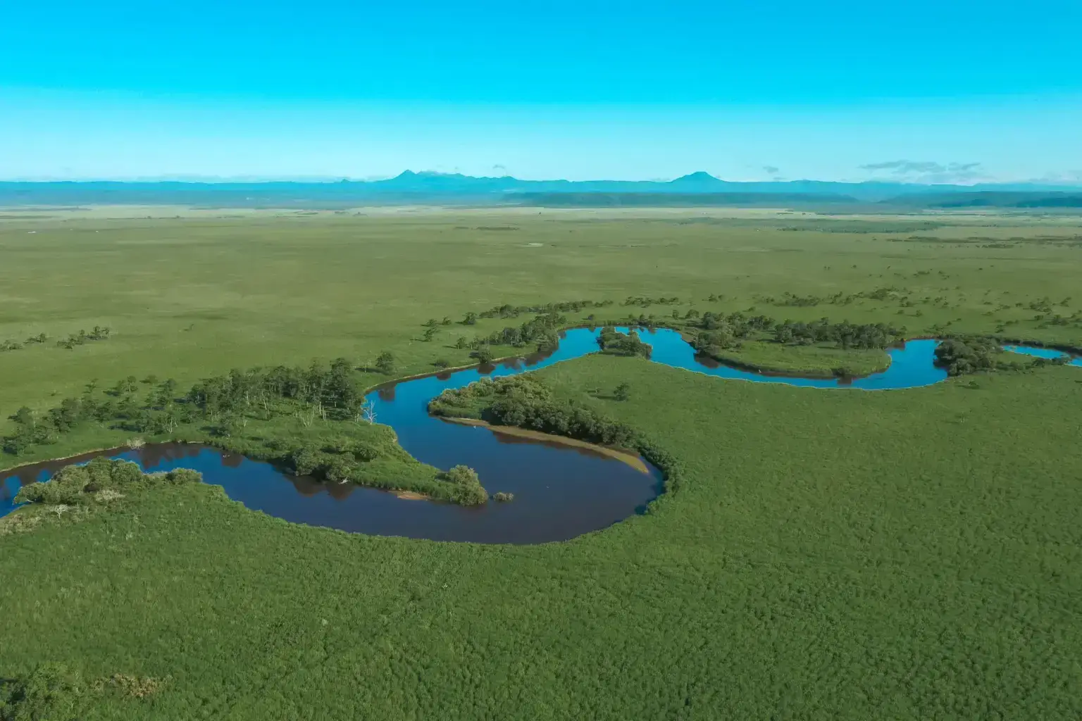 Aerial view of a winding blue river meandering through vast green wetlands and grasslands with distant mountains under a clear sky in East Hokkaido's wilderness.