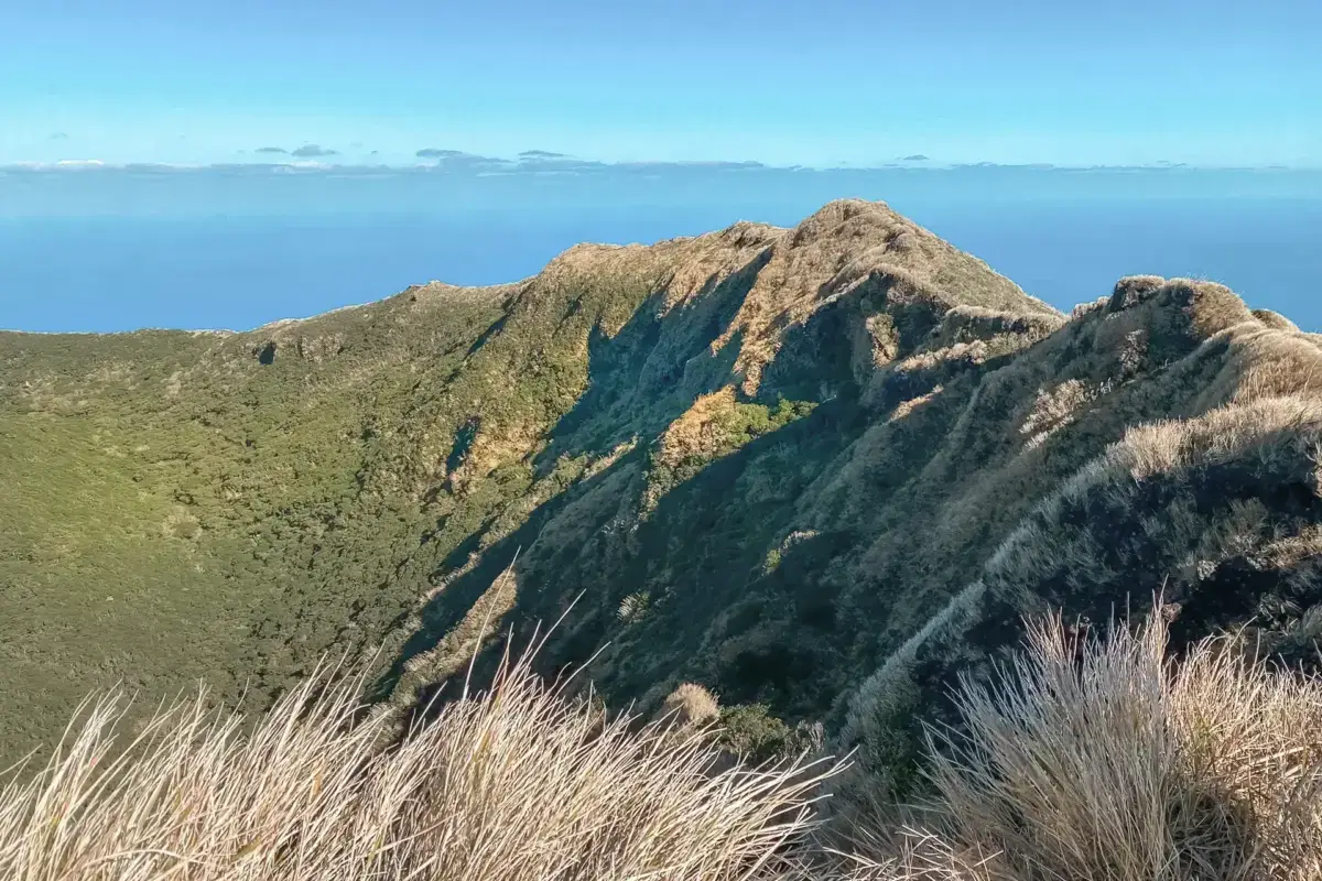 Rugged mountain ridge overlooking blue ocean with dry golden grass in the foreground under a clear sky.